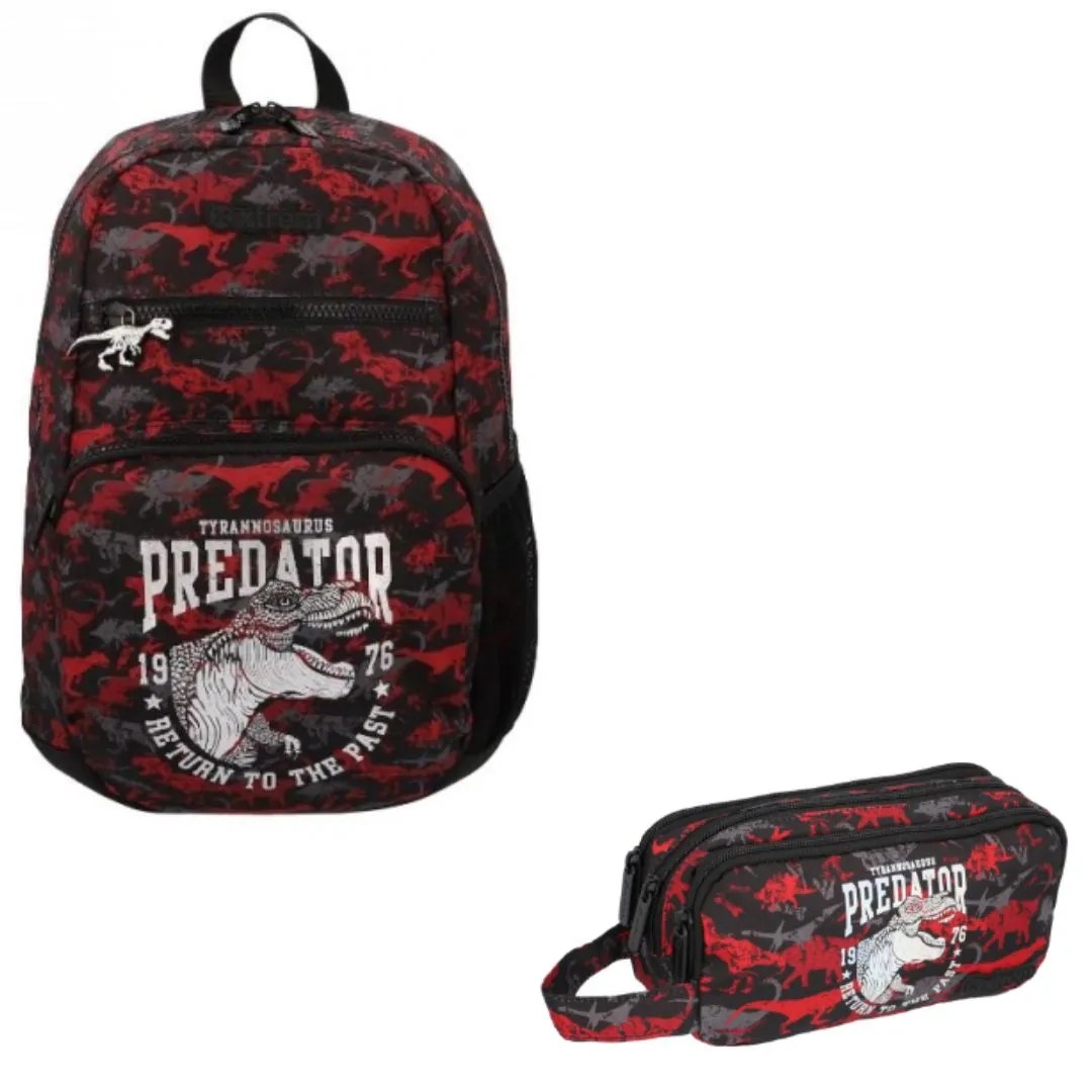 CARTUCHERA PENCIL CASE UNIVERSITY 208 RED DINO + MOCHILA SCHOOL BACKPACK BOLT 220 RED DINO