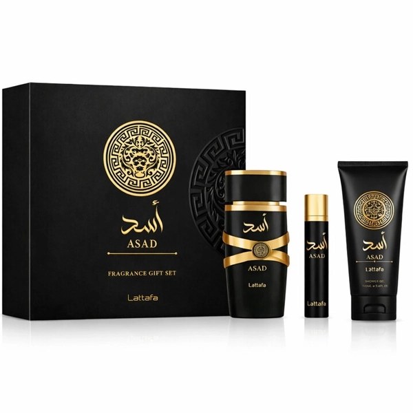 Kit Perfume Masculino Lattafa Asad Gift Set EDP 100ml + Perfume 12ml + Gel de Baño 100ml