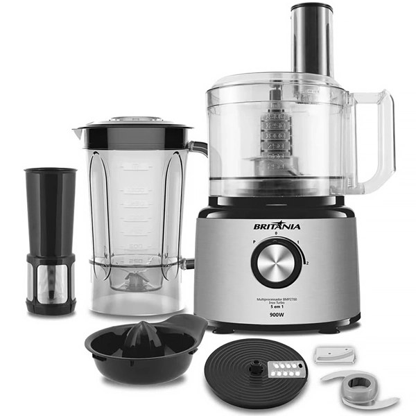 Multiprocesador Britânia BMP2700P Inox Turbo 5 en 1 + Licuadora + Exprimidor 220V ~ 60 Hz - Negro Plata